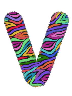 3 boyutlu Zebra RAINBOW baskılı V harfi, hayvan derisi kürkü yaratıcı karakter V, beyaz arka planda renkli izole edilmiş. Kırpma yolu ve diktatöre sahip. Vahşi yaşam ya da safari konsepti tasarla.
