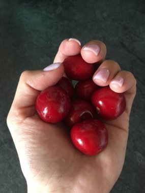 Kırmızı, bordo renkli, olgun kirazlar avucunun içinde, siyah bir masanın üstünde.