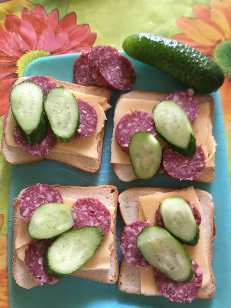 Sandwich con queso, salchicha curada en seco y pepino verde sobre pan tostado blanco — Foto de Stock