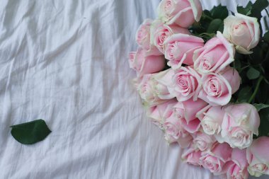 Beyaz bir çarşaf üzerinde pembe güller.