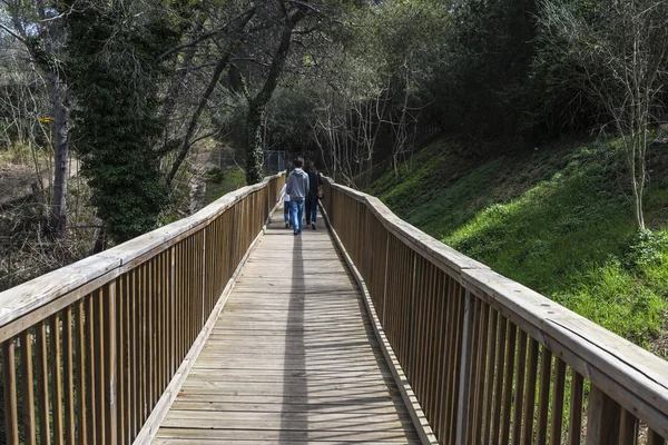 Familie durch eine Holzbrücke — Stockfoto