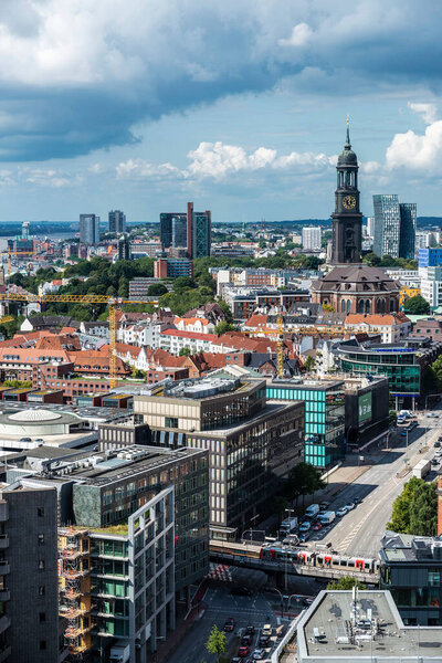 Hamburg, Germany - August 21, 2019: Overview of Hamburg seen from Church of St. Nicholas (Nikolai) in Germany