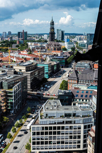 Hamburg, Germany - August 21, 2019: Overview of Hamburg seen from Church of St. Nicholas (Nikolai) in Germany