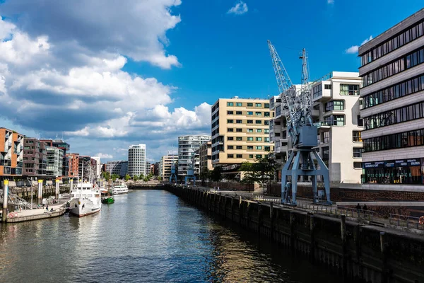 Hamburg Germany August 2019 Modern Buildings Pier Boats Cranes People — Stock Photo, Image