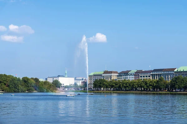 Blick Auf Die Binnenalster Mit Sportbooten Jungfernstieg Einer Stadtpromenade Neustadt — Stockfoto
