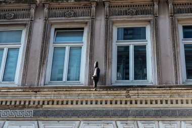 Hamburg, Almanya 'da duvardan inen siyah bir kedinin heykelinin olduğu klasik bir bina cephesi. 