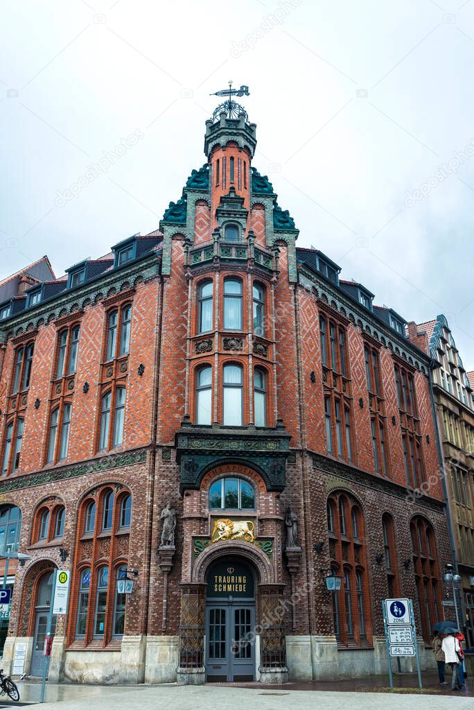 Hanover, Germany - August 18, 2019: Facade of a classic building in the old town of Hanover, Germany