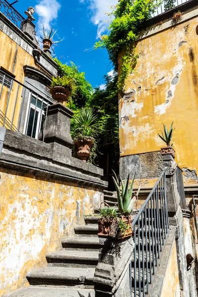 階段付きの古典的な建物や邸宅のファサードとナポリ イタリアの歴史的中心部の胸像で飾られています — ストック写真