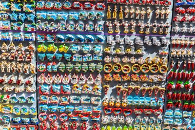 Naples, Italy - September 9, 2019: Souvenir magnets in a gift shop in the old town of Naples, Italy