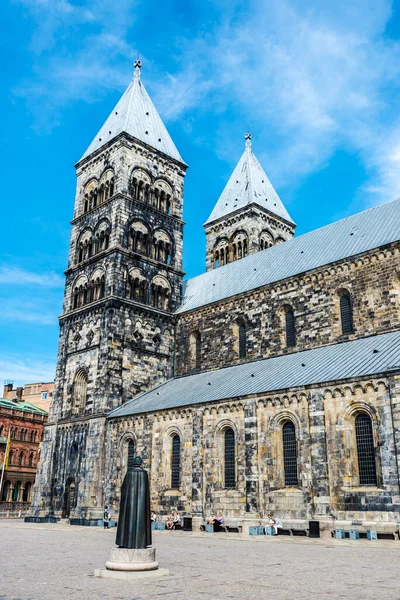 Lund Svezia Agosto 2019 Facciata Della Cattedrale Lund Statua Henrik — Foto Stock