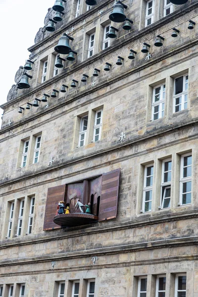 Fachada Del Hochzeitshaus Glockenspiel Interpreta Historia Del Flautista Hameln Hamelin — Foto de Stock