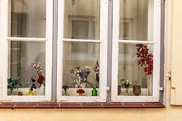 Flores Jarros Uma Antiga Janela Uma Típica Casa Cidade Lubeck — Fotografia de Stock