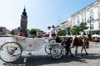 Krakow, Polonya - 28 Ağustos 2018: Polonya 'nın başkenti Krakow' da turistleri taşıyan beyaz at arabası