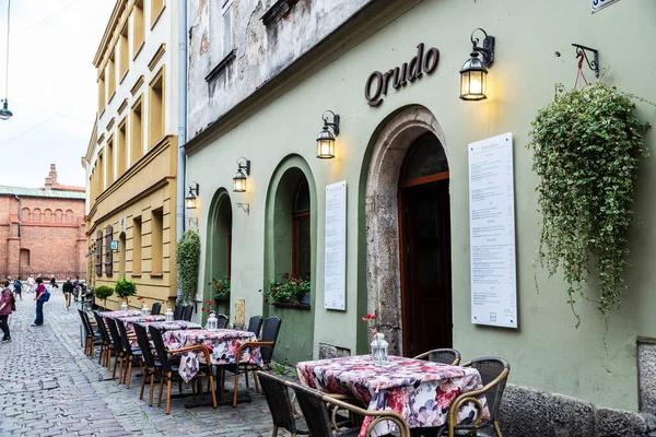 Cracovie Pologne Août 2018 Terrasse Vide Bar Restaurant Dans Vieille — Photo