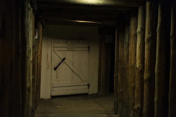 Old Corridor Propped Wooden Beams Closed Door Wieliczka Salt Mine — Stock Photo, Image