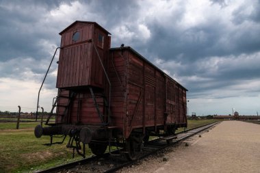 Auschwitz, Polonya - 30 Ağustos 2018: Günbatımında Auschwitz Birkenau toplama kampında yük vagonu, 2. Dünya Savaşı sırasında Nazi Almanyası tarafından işletilen bir imha kampı ve Polonya 'nın Krakow kenti yakınlarındaki Yahudi soykırımı 