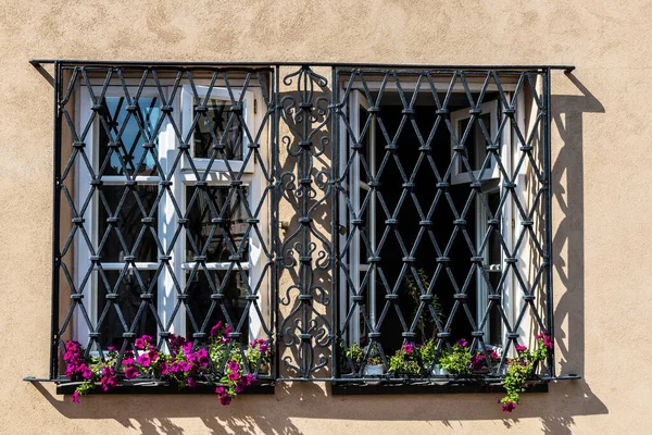 ポーランド ワルシャワの旧市街にある古い古典的な建物の花のポットと2つの格子窓 — ストック写真