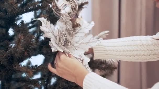 Le mani femminili decorano l'albero di Natale con giocattoli a casa — Video Stock