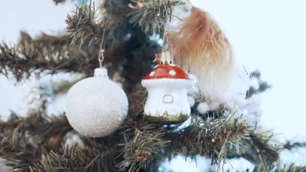 Mooi licht gekleurd speelgoed hangen aan de kerstboom thuis. Schimmel, paddenstoel — Stockvideo