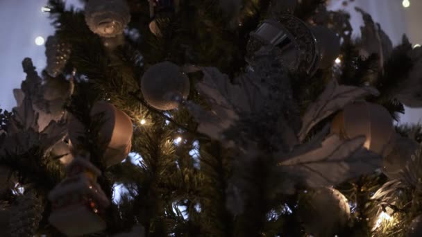 A karácsonyfát gyönyörűen kivilágítják a koszorúk. — Stock videók