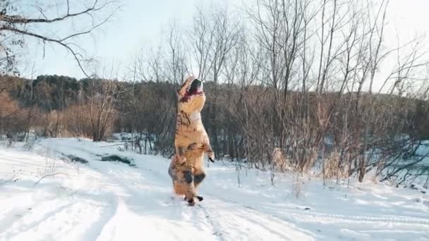 Mężczyzna w kostiumie dinozaura Tirex przechadza się zimą po lesie — Wideo stockowe