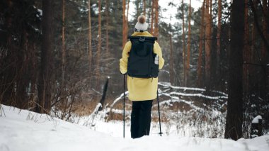 Ormanda beyaz şapkalı, sırt çantalı ve kışın yürüyüş yapan bir kız. Arka plan