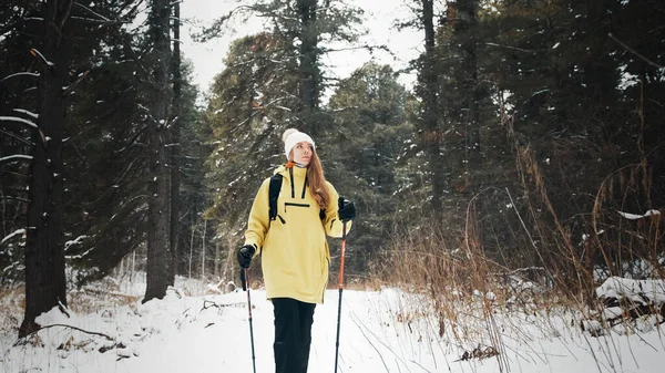 Menina com um chapéu branco na floresta com uma mochila e caminhadas varas no inverno. Vista frontal — Fotografia de Stock