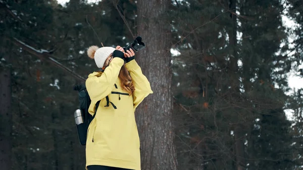 Una chica con una mochila y un anorak amarillo fotografía el paisaje en una cámara profesional —  Fotos de Stock