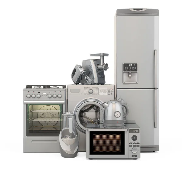 Silver Köksmaskiner Tvättmaskin Kylskåp Gas Sortiment Mikrovågsugn Köttkvarn Mixer Vattenkokare — Stockfoto