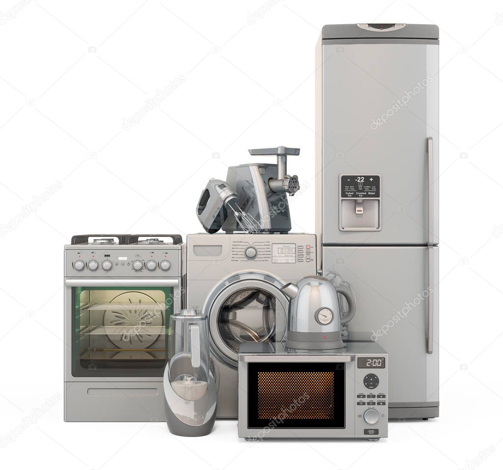 Silver kitchen appliances. Washing machine, fridge, gas range, microwave oven, meat grinder, mixer, kettle and hydrogen rich water machine. 3D rendering isolated on white background