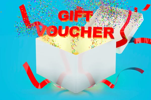 Gift Voucher concept, text inside gift box. 3D rendering on blue background