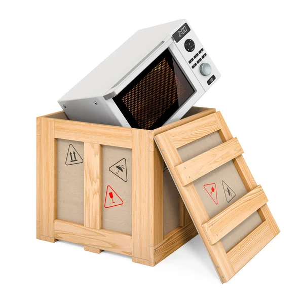 木製の箱の中に電子レンジ 配送コンセプト 白い背景に隔離された3Dレンダリング — ストック写真