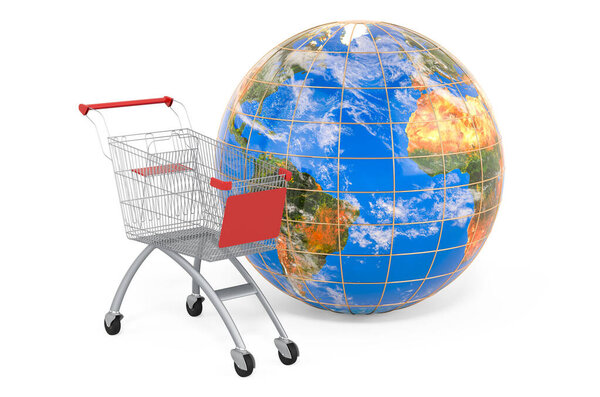 Корзина с Земным Глобусом. Глобальная концепция покупок, 3D рендеринг изолирован на белом фоне
