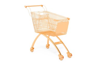 Altın alışveriş arabası, beyaz arkaplanda 3 boyutlu görüntüleme