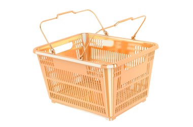 Altın alışveriş sepeti, beyaz arkaplanda 3 boyutlu görüntüleme