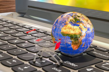 Alışveriş arabalı dizüstü bilgisayar ve Dünya Küresi. Global Online alışveriş konsepti, 3D görüntüleme