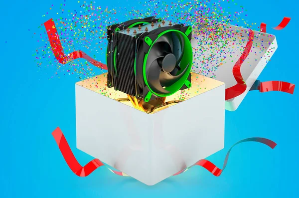 CPU fan inside gift box, gift concept. 3D rendering