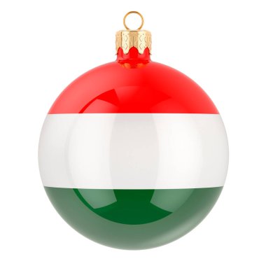 Macar bayraklı Noel topu, beyaz arkaplanda 3 boyutlu görüntüleme