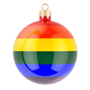 LGBT gökkuşağı bayraklı Noel topu, beyaz arkaplanda 3 boyutlu görüntüleme