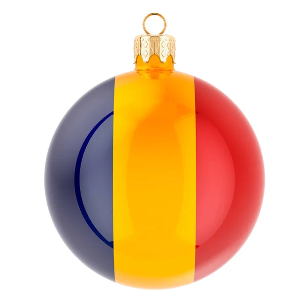 Kerstbal Met Roemeense Vlag Rendering Geïsoleerd Witte Achtergrond — Stockfoto