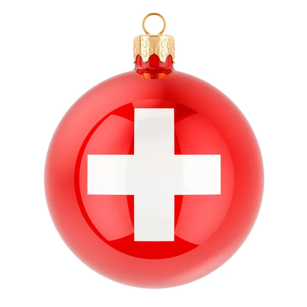 Sviçre Bayraklı Noel Topu Beyaz Arkaplanda Boyutlu Görüntüleme — Stok fotoğraf
