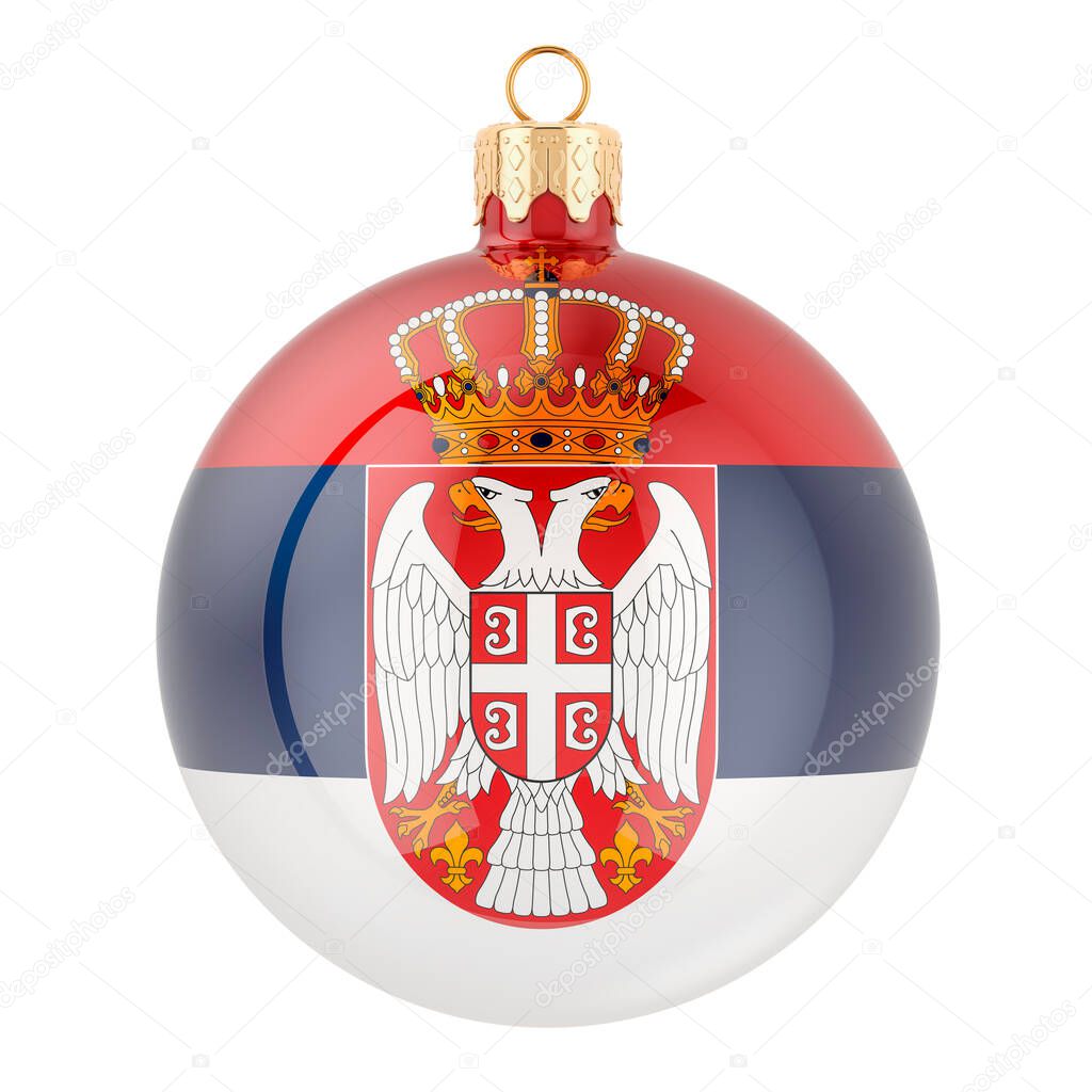 Christmas ball with Serbian flag, 3D rendering isolated on white background