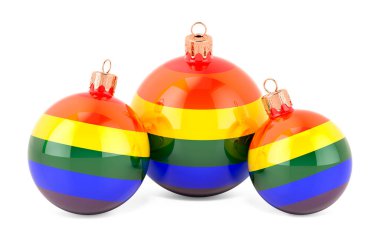 LGBT gökkuşağı bayraklı Noel mücevherleri, beyaz arkaplanda 3 boyutlu görüntüleme