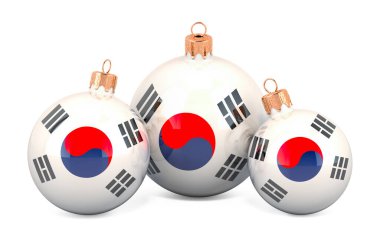 Güney Kore bayraklı Noel mücevherleri, beyaz arka planda 3 boyutlu görüntüler.