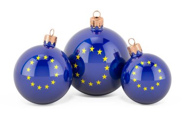 Avrupa Birliği bayraklı Noel mücevherleri, beyaz arka planda 3 boyutlu görüntüleme