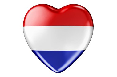 Hollanda bayrağı taşıyan kalp, beyaz arkaplanda 3 boyutlu görüntüleme