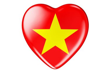 Vietnam bayrağı taşıyan kalp, beyaz arka planda 3 boyutlu görüntüleme.