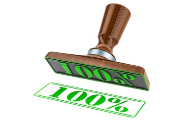 Yüzde yüz damga. Tahta damga, metin ile mühür% 100, beyaz arkaplanda 3 boyutlu görüntüleme