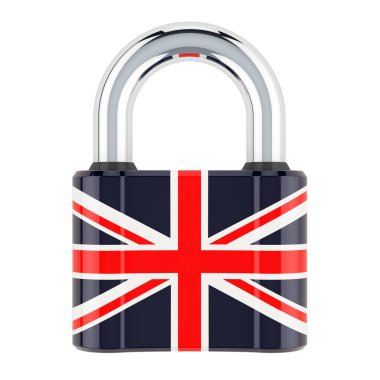 İngiliz bayrağıyla asma kilit, beyaz arkaplanda 3D görüntüleme