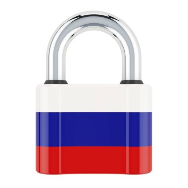 Rusya Federasyonu bayrağıyla asma kilit, beyaz arka planda 3 boyutlu görüntüleme